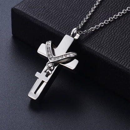 Unisex Stainless Steel Cremation Double Cross Pendant Necklace for Ashes Memorial Keepsake Jewelry Gift Dropshipping