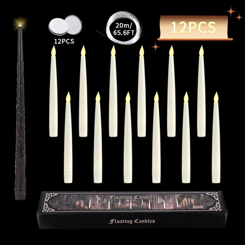 Floating Candles with Wand 12 Pcs Magic Hanging Candles Flickering Warm Light Flameless Floating LED Candle Halloween Decoration