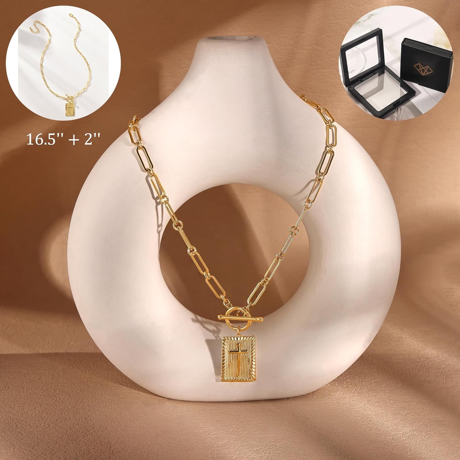 Gold and Silver Cross Pendant Necklace for Women, Toggle Clasp Rectangle Cross Charm Necklace, Dainty Paperclip Chain Religious Jewelry Gift for Christian Faith, Baptism, First Communion