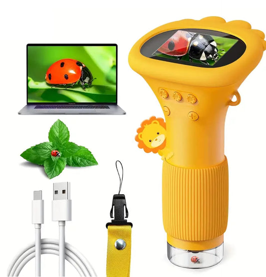 Children'S Digital Microscope with High-Definition Display Screen, 1000X Magnification, LED Light, Camera, and Video Yellow