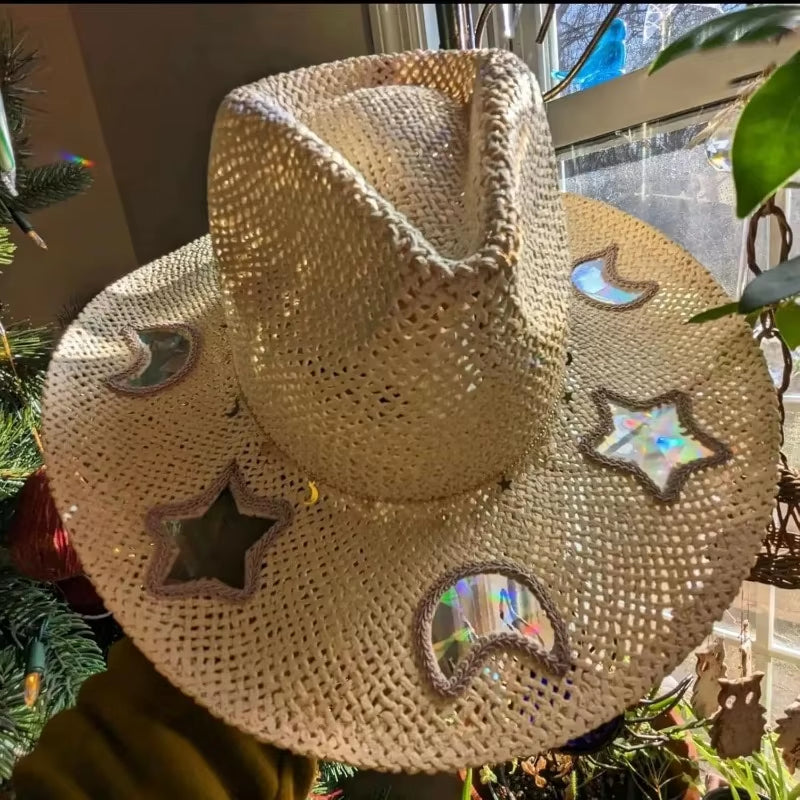 Suncatcher Cowgirl Straw Prism Hat Hand-Woven Wide Shapeable Brim Rainbow Prism Hat Sun Beach Western Cowboy Hat for Women