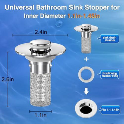 2-Pack Pop-Up Bathroom Sink Drain Strainer with Removable Stainless Steel Filter Basket - Universal Sink Stopper for Bathroom & Kitchen Basins