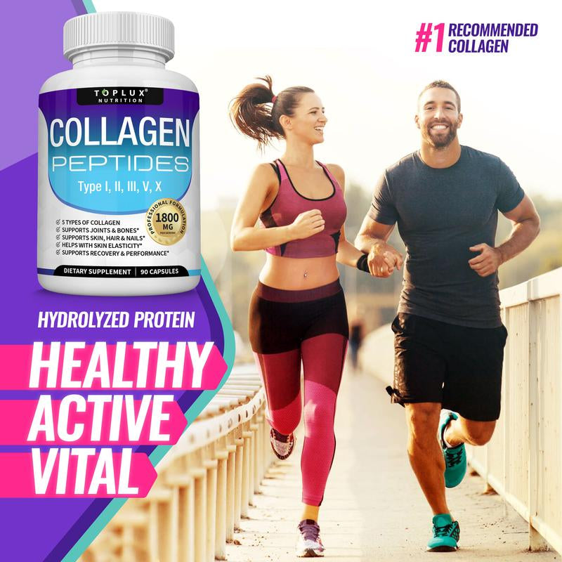 Toplux Nutrition Collagen Peptides 5 Types Complex 1800Mg US Made Dietary Supplement for Health Beauty Fitness 90 Capsules