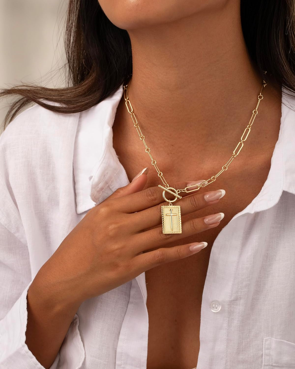 Gold and Silver Cross Pendant Necklace for Women, Toggle Clasp Rectangle Cross Charm Necklace, Dainty Paperclip Chain Religious Jewelry Gift for Christian Faith, Baptism, First Communion