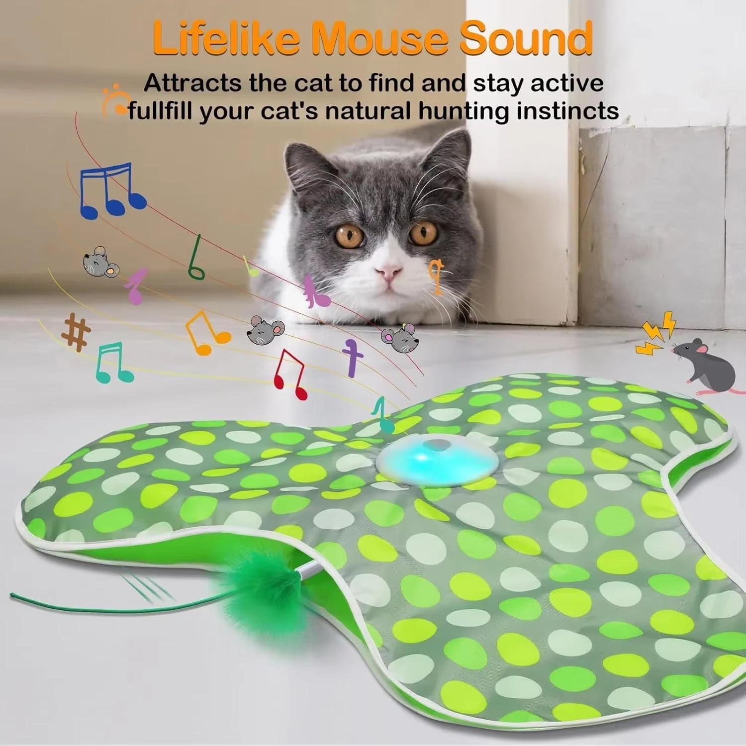 Smart Cat Toys Interactive Hide and Seek Cat Toy with Mouse Squeaky Motion Activated Moving Concealed Feathers Kitten Teaser Toy