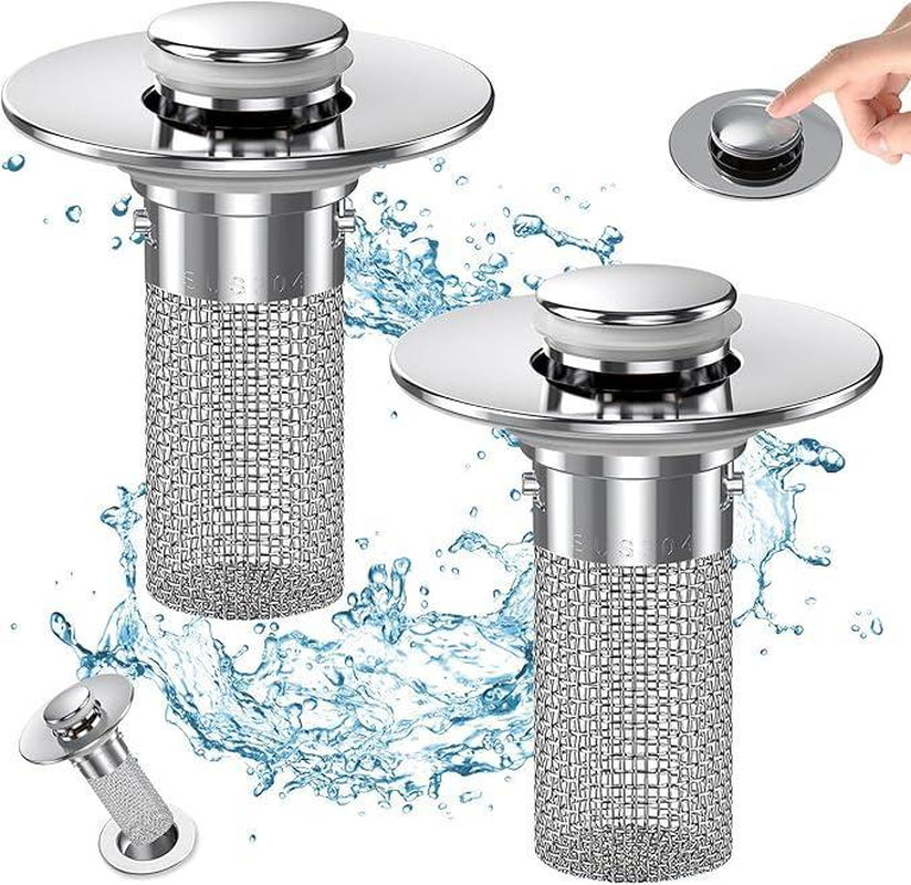 2-Pack Pop-Up Bathroom Sink Drain Strainer with Removable Stainless Steel Filter Basket - Universal Sink Stopper for Bathroom & Kitchen Basins