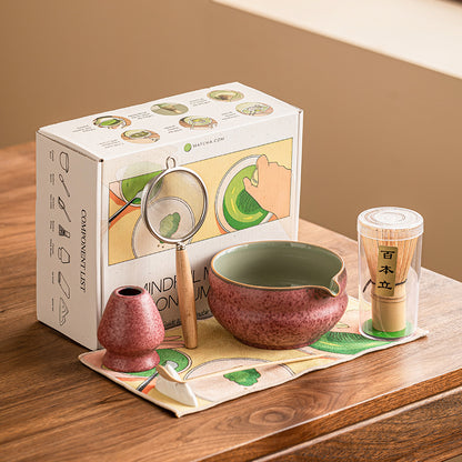 Japanese Ceramic Matcha Bowl Set with Crystalline Glaze