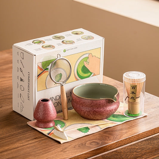 Japanese Ceramic Matcha Bowl Set with Crystalline Glaze
