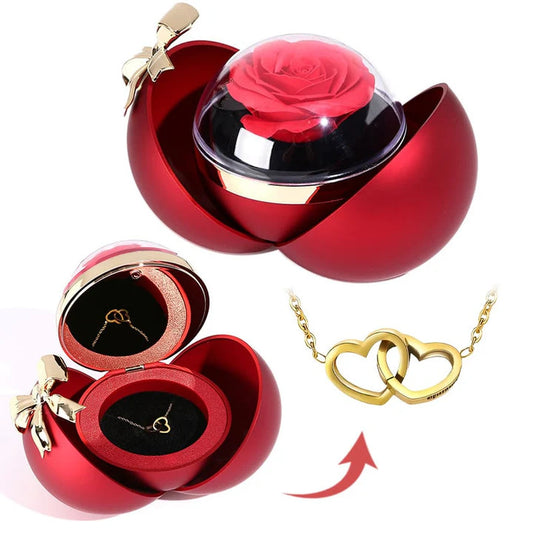 Double Heart Rose Jewelry Box with Necklace