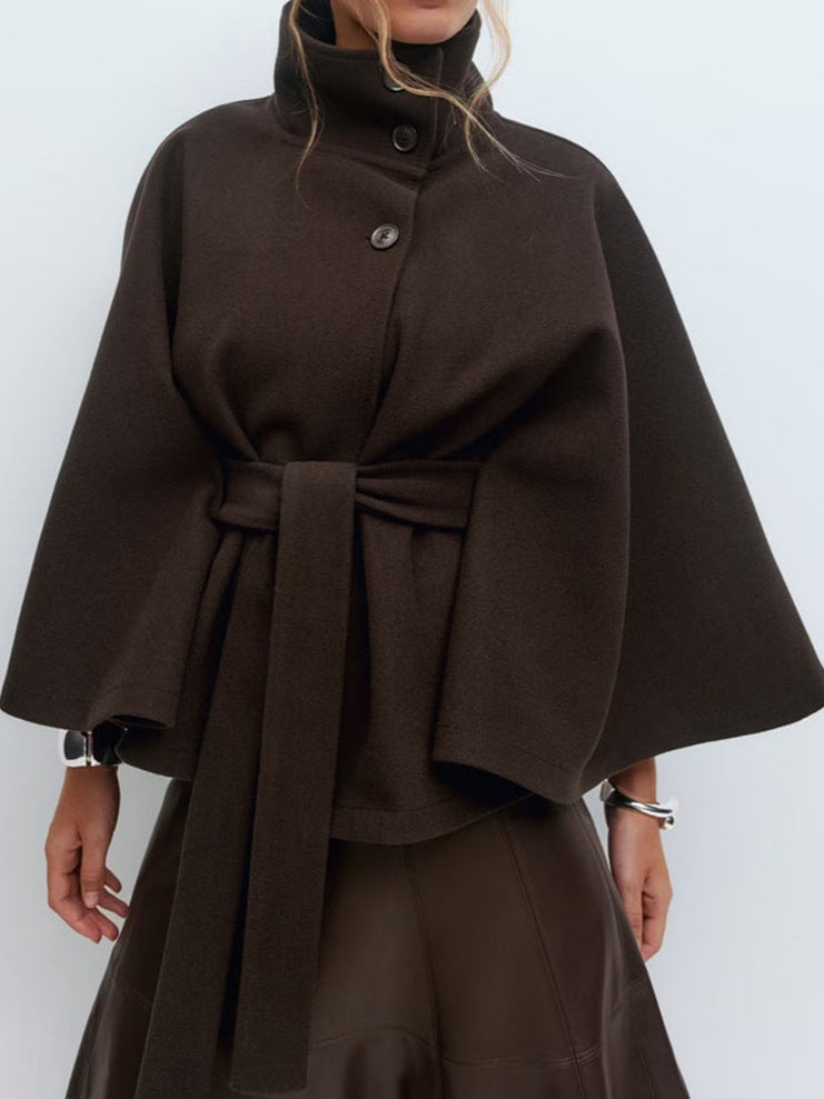 Standing collar buttoned belt coat