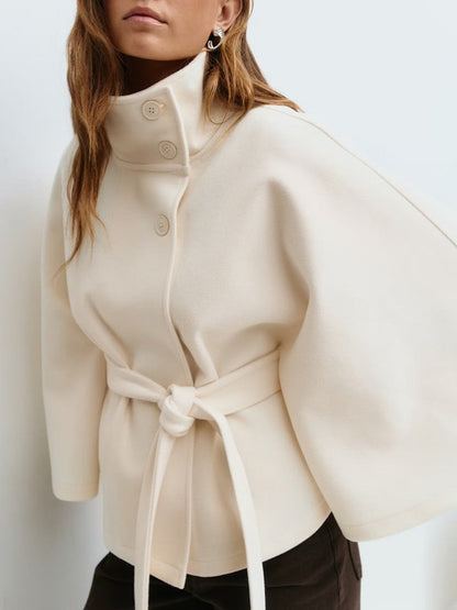 Standing collar buttoned belt coat
