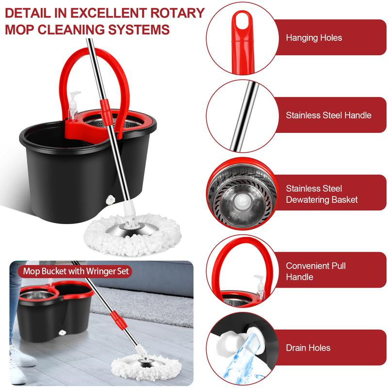 Spin Mop and Bucket Set with 360° Spinning Mop Bucket System, 3 Microfiber Mop Replacement Heads, 61" Stainless Steel Adjustable Handle Black