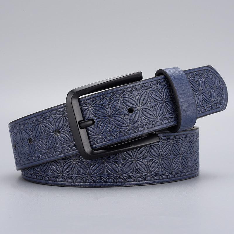 Mens Embossed Pin Buckle Leather Belt