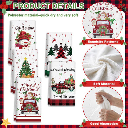 5Pcs Christmas Kitchen Towel Dish Towels and Dishcloths Merry Christmas Tree Reindeer Truck Santa Claus Cartoon Design 15 X 23 Inch Holiday Home Indoor Bathroom Party Noel Decorations Hand Towels Gift Supplies