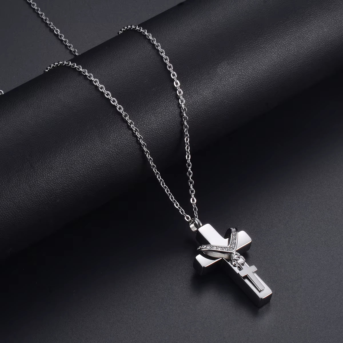 Unisex Stainless Steel Cremation Double Cross Pendant Necklace for Ashes Memorial Keepsake Jewelry Gift Dropshipping