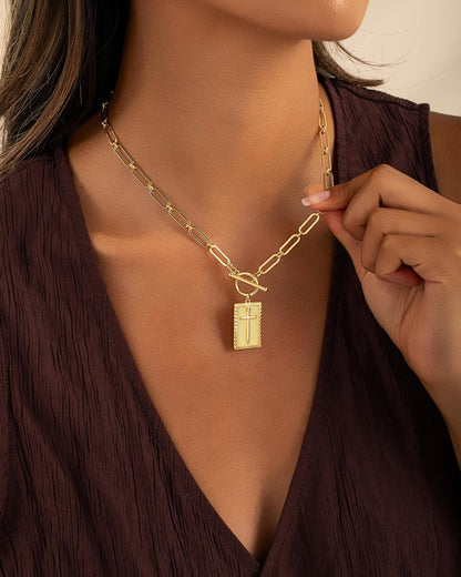 Gold and Silver Cross Pendant Necklace for Women, Toggle Clasp Rectangle Cross Charm Necklace, Dainty Paperclip Chain Religious Jewelry Gift for Christian Faith, Baptism, First Communion