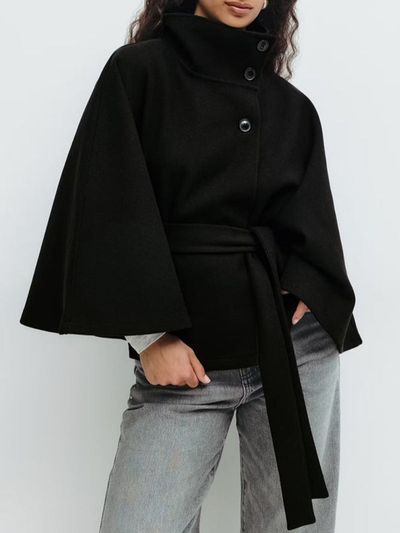 Standing collar buttoned belt coat