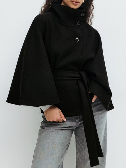 Standing collar buttoned belt coat