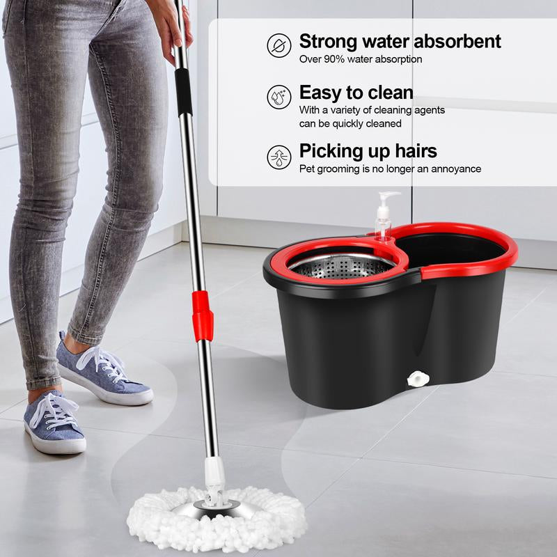 Spin Mop and Bucket Set with 360° Spinning Mop Bucket System, 3 Microfiber Mop Replacement Heads, 61" Stainless Steel Adjustable Handle Black