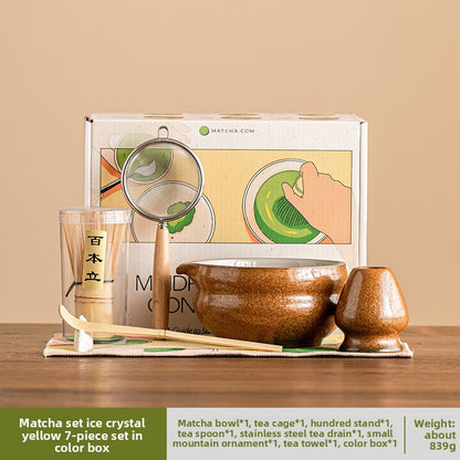 Japanese Ceramic Matcha Bowl Set with Crystalline Glaze