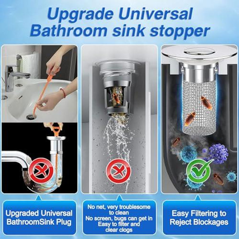 2-Pack Pop-Up Bathroom Sink Drain Strainer with Removable Stainless Steel Filter Basket - Universal Sink Stopper for Bathroom & Kitchen Basins