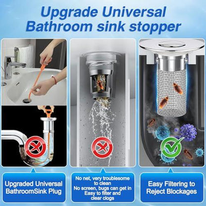 2-Pack Pop-Up Bathroom Sink Drain Strainer with Removable Stainless Steel Filter Basket - Universal Sink Stopper for Bathroom & Kitchen Basins