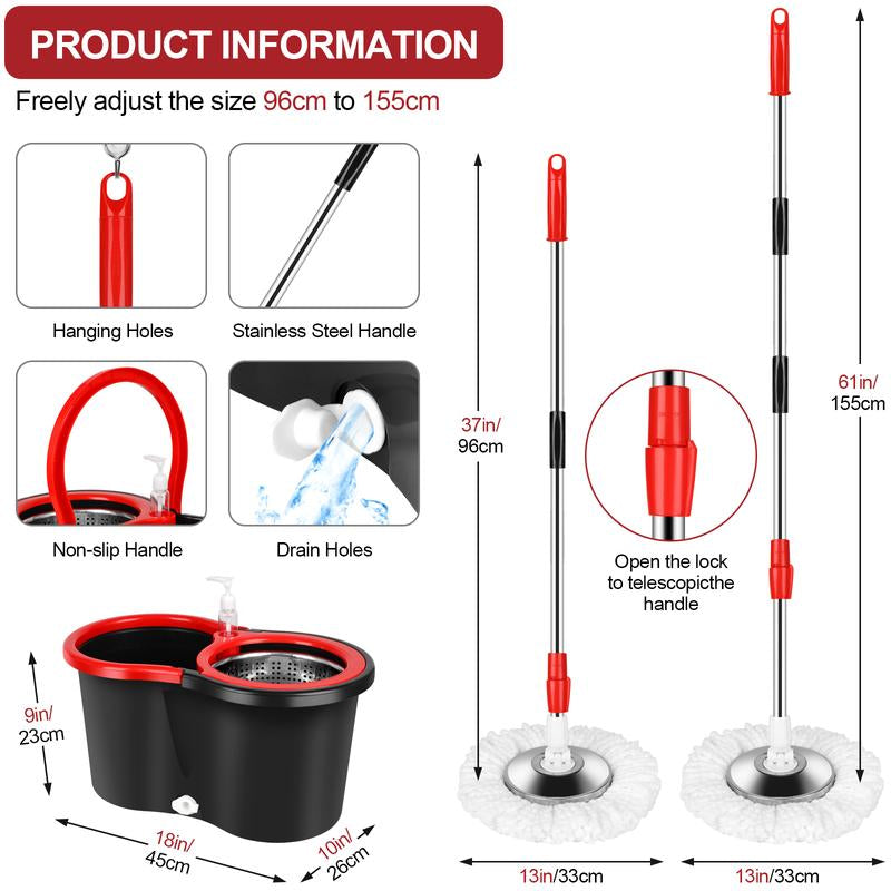 Spin Mop and Bucket Set with 360° Spinning Mop Bucket System, 3 Microfiber Mop Replacement Heads, 61" Stainless Steel Adjustable Handle Black