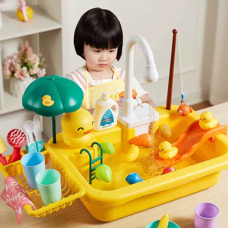 Kids Kitchen Sink Toys Electric Dishwasher Playing Toy with Running Water Pretend Play Food Fishing Toy Role Playing Girls Gift