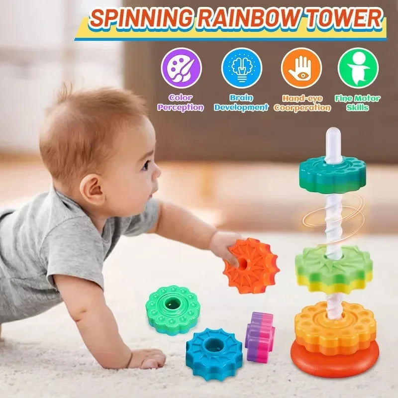 Children'S Tesori Stacked Rainbow Tower Colorful Rotating Gear Ring Large Size Building Blocks Puzzle Educational Toys 1-3 Years