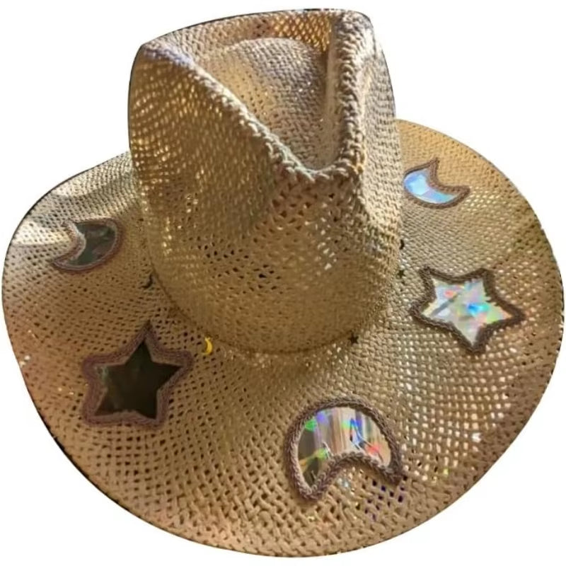 Suncatcher Cowgirl Straw Prism Hat Hand-Woven Wide Shapeable Brim Rainbow Prism Hat Sun Beach Western Cowboy Hat for Women