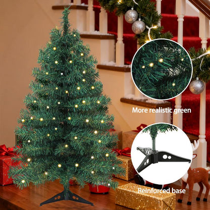 Okicoler 3 Ft Pre-Lit Christmas Tree, Artificial Christmas Trees with Lighting, Xmas Trees with 25 Led Lights, 100 Branch Christmas Decoration for Home, Office, Easy Assembly Ornaments