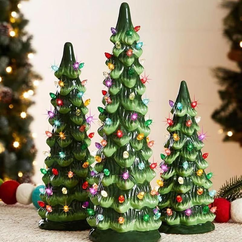 Retro Hand-Painted Desktop Christmas Tree, Ceramic Christmas Tree, Lighting Up, Desktop Christmas Tree and Lights, Perfect Desktop Family Holiday Decoration (3 AA Batteries Need to Be Prepared by Yourself)