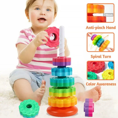 Children'S Tesori Stacked Rainbow Tower Colorful Rotating Gear Ring Large Size Building Blocks Puzzle Educational Toys 1-3 Years