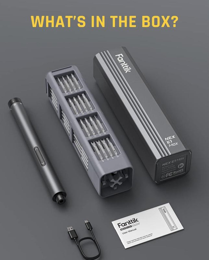 Fanttik E1 MAX 3.7V Mini Electric Screwdriver 50-In-1 Magnetic Bits 5/32''Hex Magnetic Storage, Repair Tool Set for Phone Camera Laptop - Hardware Cordless