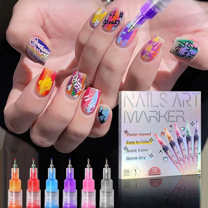 Box of 12Pcs Nail Art Drawing Graffiti Pen Gel Pencil 0.5Mm Waterproof Painting Liner Brush Quick-Dry Nail Marker DIY Manicure