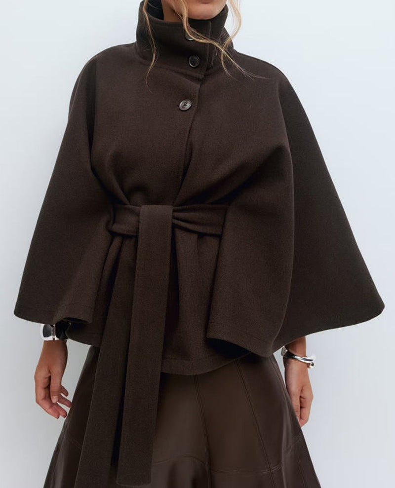 Standing collar buttoned belt coat