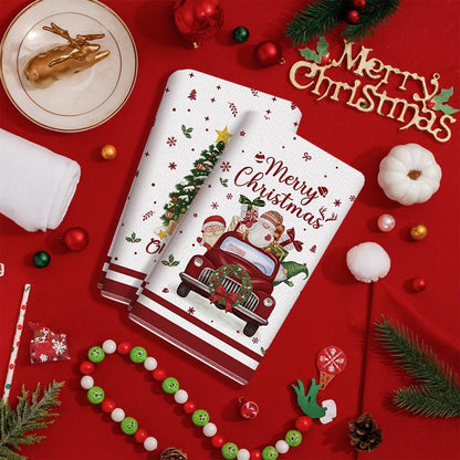 5Pcs Christmas Kitchen Towel Dish Towels and Dishcloths Merry Christmas Tree Reindeer Truck Santa Claus Cartoon Design 15 X 23 Inch Holiday Home Indoor Bathroom Party Noel Decorations Hand Towels Gift Supplies