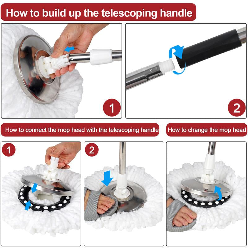 Spin Mop and Bucket Set with 360° Spinning Mop Bucket System, 3 Microfiber Mop Replacement Heads, 61" Stainless Steel Adjustable Handle Black
