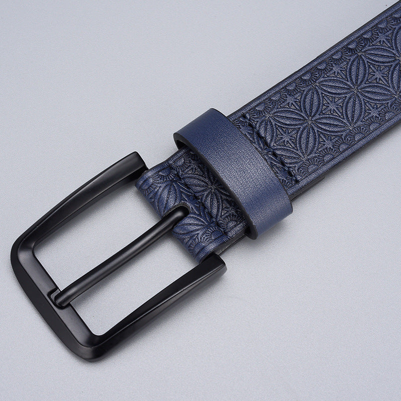 Mens Embossed Pin Buckle Leather Belt