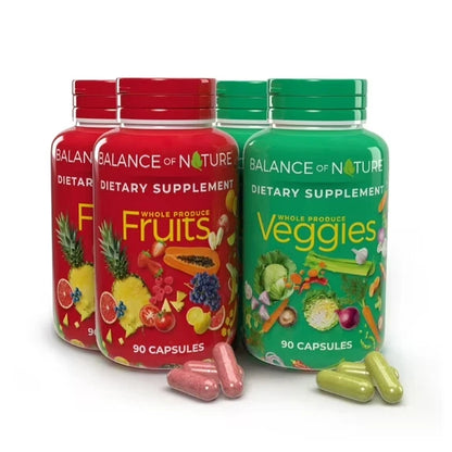 Balance of Nature Fruits & Veggies - Whole Food Supplement, with superfood fruits and vegetables for women, men, and kids 90 Fruit & 90 Veggie Capsules, 2 Set